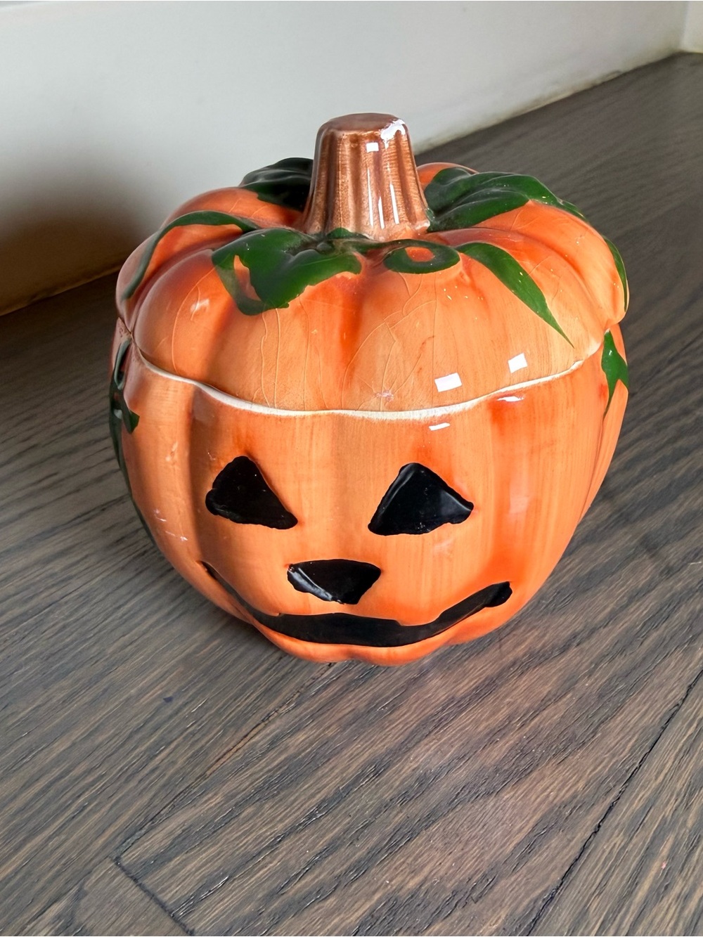 Vintage Orange and Green Ceramic Jack-O'-Lantern Pumpkin Trinket Box